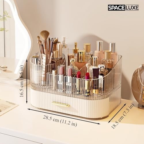 Makeup Organizer with Drawers and 360¡Æ Rotating Brush Holder, Large Capacity Cosmetic Storage for Vanity, Skincare, Perfume, Hair Accessories, Lipstick & Jewelry (Cream White, 2-layer)