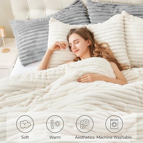 BEDELITE California King Fleece Comforter Set - Cream White, Fluffy Micro-Mink & Plush Bed Bedding