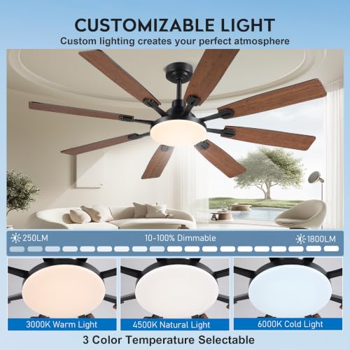 JSAITEE 60-Inch Brown Ceiling Fan with Light & Remote - Modern Low Profile