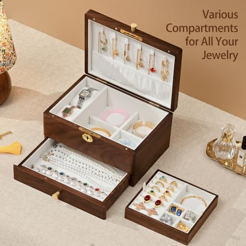Vwixkuxx Lockable Black Walnut Jewelry Box – 3 Layer Full Locking Organizer for Women