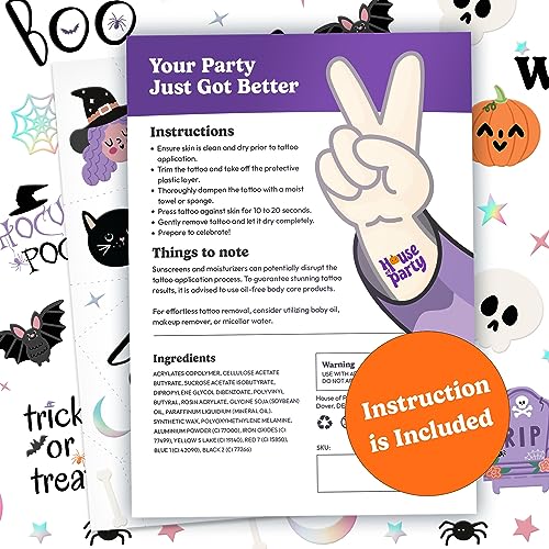 HOUSE OF PARTY Halloween Tattoos - 56 Pcs Hocus Pocus Stickers, Bat Tattoo, Skull Stickers, Witch Tattoo, Spider Webs - Fun for Kids and Adults - Ideal for Party Supplies