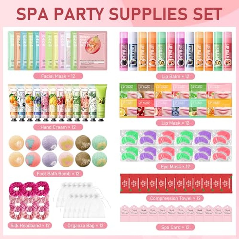 120 PCS Spa Party Supplies for Women Include Face Masks Skincare, Under Eye Patches, Lip Mask, Lip Balm, Hand Cream, Foot Bath Bombs, Compressed Towel, Hair Band, Sleepover Party Supplies