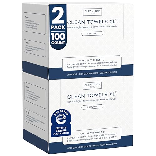 Clean Skin Club Clean Towels XL¢ç, 100% USDA Biobased Face Towel, Disposable Face Towelette, Eczema Association Accepted, Makeup Remover Dry Wipes, Ultra Soft, 50 ct per pack, 2 Packs, 100 Ct Total