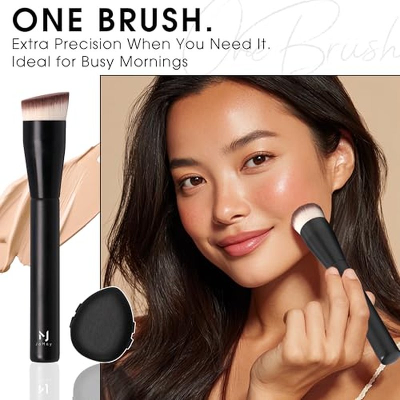 Foundation Brush with Makeup Puffs Set, Flat Top Brush + 2 Soft Makeup Sponges for Seamless Base & Detail Blending