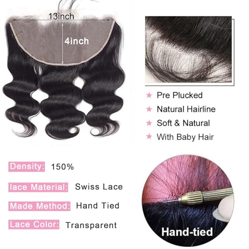 16 Inch HD Lace Frontal Body Wave Human Hair - Brazilian Virgin, Pre Plucked, Free Part, 150% Density, Black