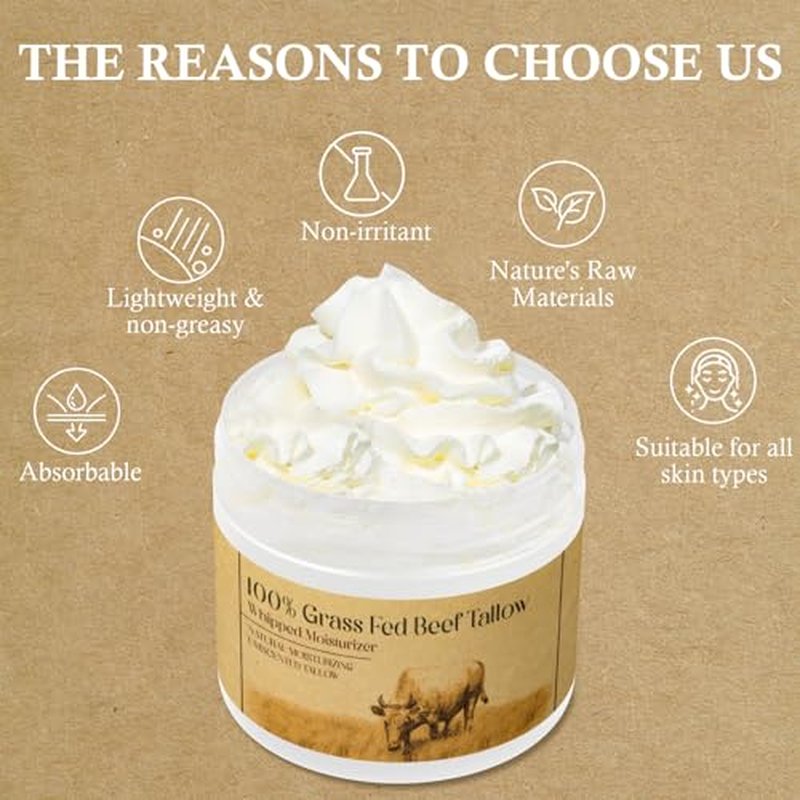 Beef Tallow for Skin, Beef Tallow for Face,Unscented Natural Face Moisturizer, Whipped Tallow Balm, Deeply Moisturizes and Soothes the Skin, 1.7 OZ
