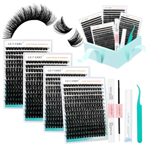 GEMERRY 728 Pcs Lash Clusters Kit with Long-lasting Bond, Tweezers & Remover - Black 100D-2 + 200D-2