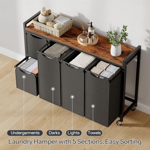 HOOBRO Laundry Sorter with 5 Compartments & Removable Bags, Rustic Brown, 170L Capacity