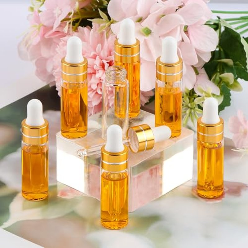 100 Pack 5ml Clear Glass Dropper Bottles with 4 Pcs Plastic Droppers, Mini Sample Dropper Bottles for Essential Oils Perfume Cosmetic Liquid, Empty Travel Sample Vials with Gold Cap