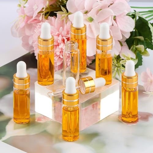 Comrzor 100 Pack 5ml Clear Glass Dropper Bottles with Gold Cap & 4 Dropper Tools