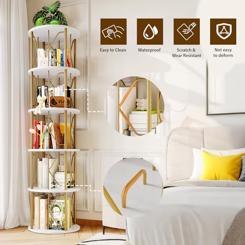 Gold & White 5-Tier Rotating Bookshelf Tower - 62.5 Inches High