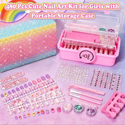 Pink Kids Press-On Nail Art Kit with 480 Fake Nails & Storage Case