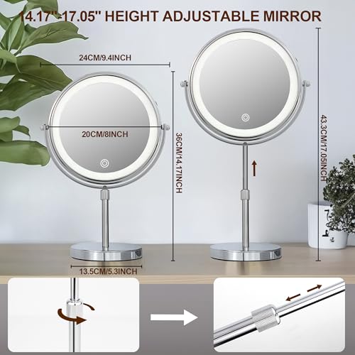 JANEEVA 10X Lighted Makeup Mirror with 3 Lighting Modes, 8" Dimmable Lights Height Adjustable Vanity Mirror with Lights, Rechargeable Double Sided 1X 10X Magnifying Mirror, 360¡ÆRotation,Chrome
