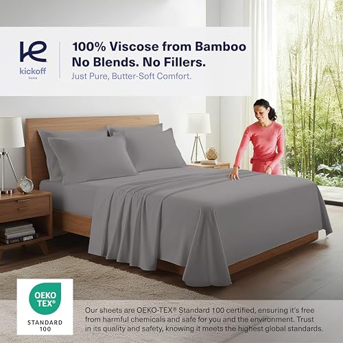 Dark Grey Kickoff Viscose Bamboo Split King Sheets 5-Piece Cooling Bed Set
