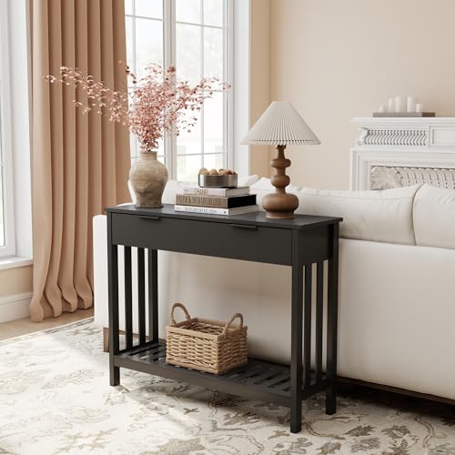 Black Narrow Console Table with Storage - Modern Entryway Sofa Table