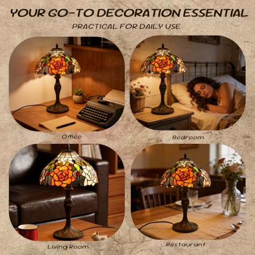 Pterying Tiffany Style Rose Stained Glass Table Lamp - 19 Inch Vintage Accent Light