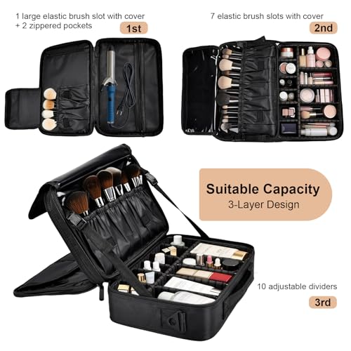 Greenfeather Black Medium Travel Makeup Case with Adjustable Dividers & Shoulder Strap