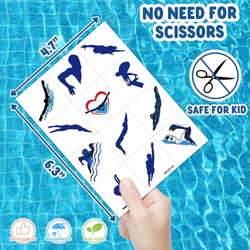 96 PCS Swimming Pre-Cut Temporary Tattoos Birthday Party Decorations Supplies Favors Swim Team Pool Waves Summer Beach Themed Decor Stickers Boys Girls Gift School Prizes Rewards