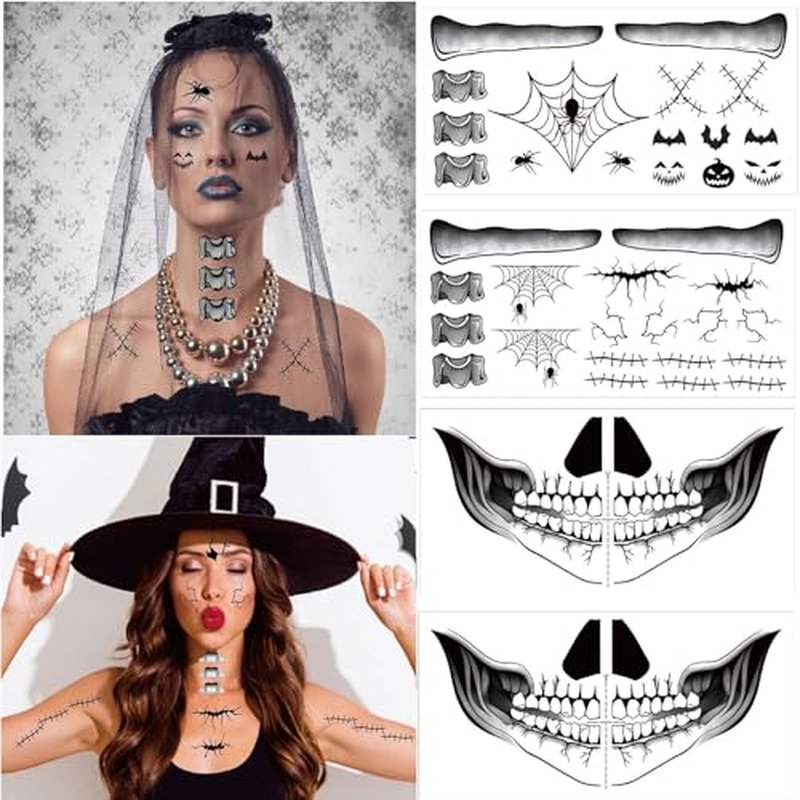 8 Sheets Halloween Temporary Face Tattoos Stickers,Mouth Scar Skeleton Hand Temporary Tattoos Adult, Body Makeup Cosplay Festival Rave Face Stickers Halloween Decorations