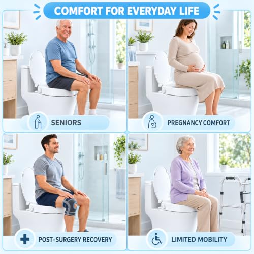 Heavy Duty Raised Toilet Seat with Bidet 3 Inch for Seniors, No Electric, Round 16.5''