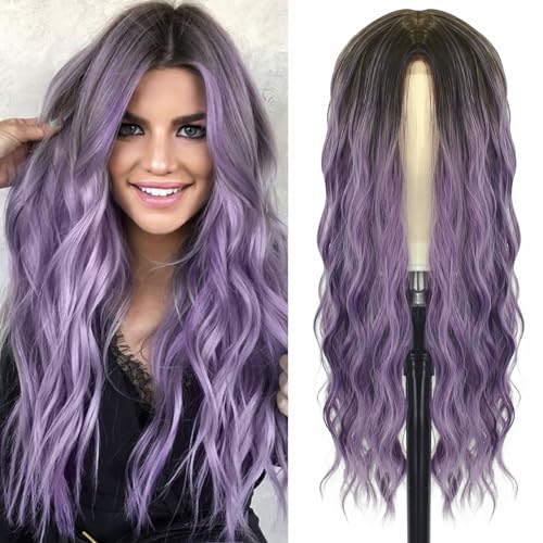 Long Ombre Purple Cosplay Wig 28 Inch Middle Part Synthetic Hair for Women - Variation: Ombre Purple / 28 Inch