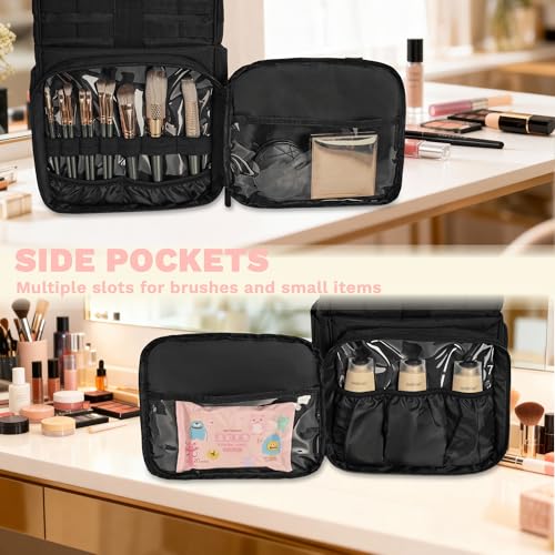 Tactical Makeup Bag with 3 Inner Clear Pouches and Cross Body Straps, Large Cosmetic Bags for Women, Travel Makeup Organizer for Home, Beauty Studio and Daily Use, Black