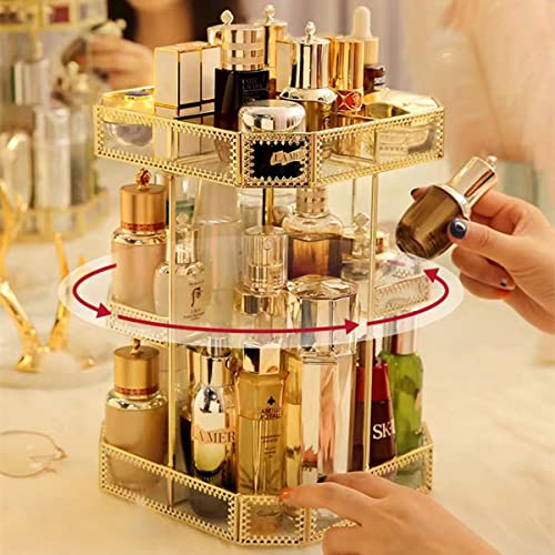 Yamfurvo 360 Degree Rotation Makeup Organizer Antique Countertop Cosmetic Storage Case, Glass Beauty Display, Gold Spin Large Capacity Holder for Brushes Lipsticks Skincare Toner