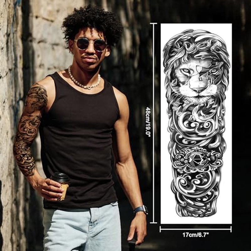 Full Arm Black Temporary Tattoo Sleeve for Men 8 Sheets, Scary Fake Tattoos That Look Real, Tigers for BBQ Pool Beach Party