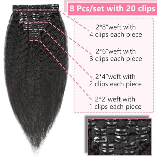 Kinky Straight Clip-In Hair Extensions 20 Inch Natural Black Human Hair - 8 Pcs