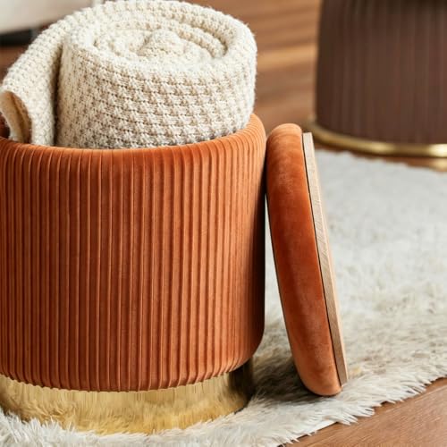 Orange Velvet Round Ottoman with Storage - Set of 2, 14.75 Inches Variation