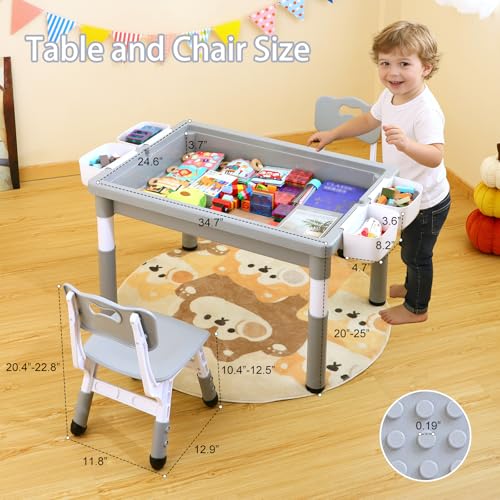 Kids 4-in-1 Table and 2 Chairs Set with Storage & Reversible Surface - Light Gray