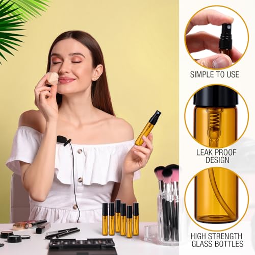 Mini Spray Bottles Set - 300 Brown Glass 5ml Travel Refillable Atomizers with Leakproof Design