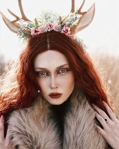 MOSTORY Handmade Antler Headband with Flowers & Ears - Brown-Pink Variation