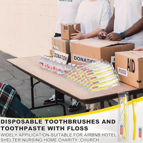 200 Pcs Disposable Toothbrushes with Toothpaste & Floss - Yellow, Individually Wrapped