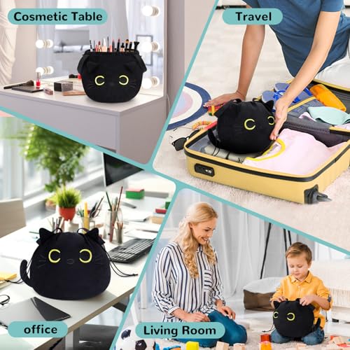Cat Drawstring Makeup Bag - Large Travel Toiletry Organizer - Black - A-Cat-Black