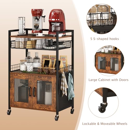 Large Coffee Bar Cabinet on Wheels with 3 Tiers, Wire Basket Drawer & Hooks