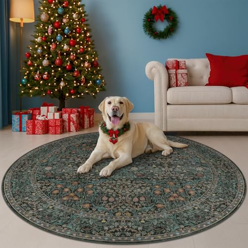 6ft Dark Green Round Vintage Floral Area Rug - Washable, Non-Slip, Pet Friendly