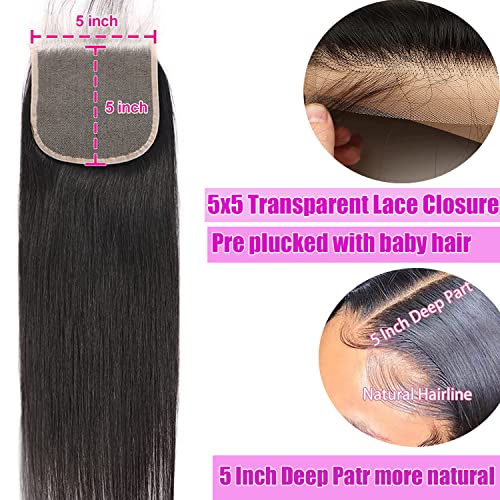 12 Inch 5x5 HD Lace Closure Human Hair Straight Virgin Remy Pre Plucked with Baby Hair