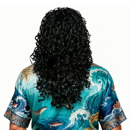 Mens Black Curly Shoulder Length Wig - Fluffy Realistic Cosplay Hair