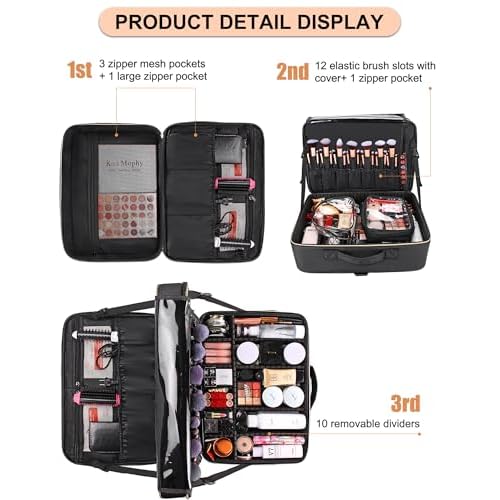 Relavel Extra Large Makeup Bag, Makeup Case Professional Makeup Artist Kit Train Case Travel Cosmetic Bag Brush Organizer, Waterproof Leather Material, with Adjustable Shoulder Straps and Dividers