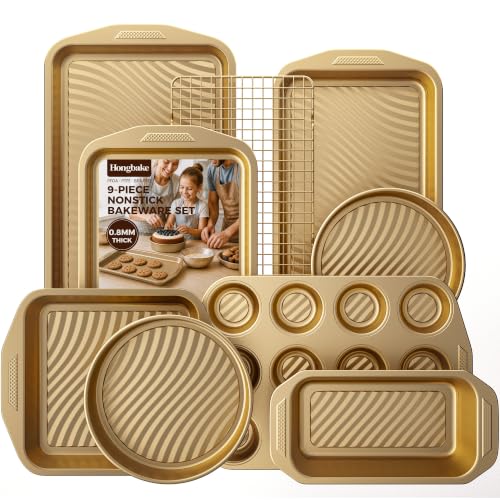 9-Piece Nonstick Bakeware Set - Antique Gold, Oven Safe, Heavy Gauge Steel