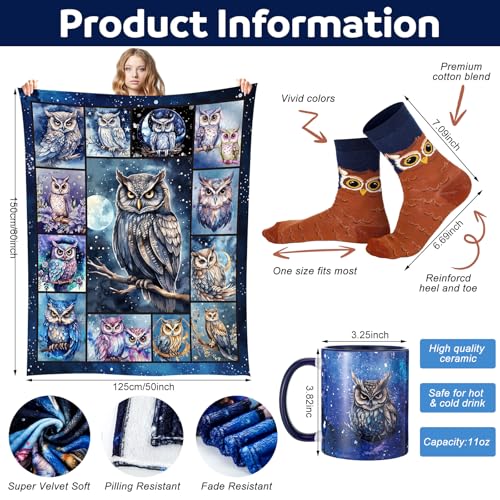 Bokon 8 Pcs Christmas Owl Gifts for Women with Throw Blanket Mug Canvas Tote Bag Makeup Bag Funny Socks Natural Stone Bracelet with Card & Gift Box for Women Mom Daughter Sister Bestie Owl Lovers