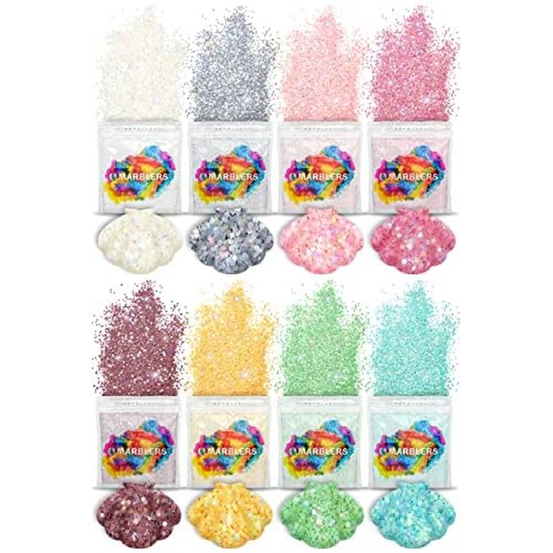 MARBLERS Holographic Glitter [Mermaid 8 Color Set] 4oz (112g) | Chunky | Non-Toxic, Vegan, Cruelty-Free | Face, Body, Eyeshadow, Hair, Party Makeup | Nail Art, Polish | Resin, Tumbler, Slime, Craft