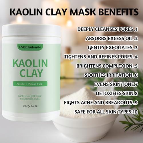 White Kaolin Clay Powder 100% Natural Ultra-Fine Cosmetic Grade Gentle & Smooth Texture for Natural DIY Skin Cleansers, Masks and Scrubs, and More(32 oz)