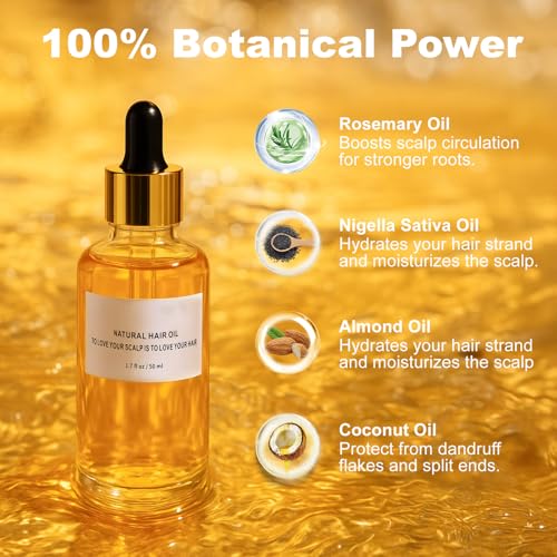 Herbal Hair Oil with Rosemary, Coconut, Black Seed & Almond - 2 Fl Oz, Scalp Serum for Dry Itchy Scalp, Natural Hair Treatment