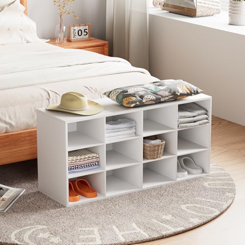 12-Cubby Shoe Rack 3-Tier Wood Organizer Bench - White, Multifunctional Entryway Storage