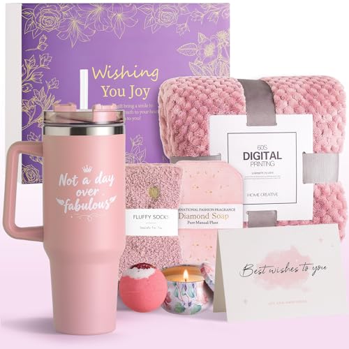 Birthday Gifts for Women, Self Care & Get Well Soon Gift Baskets, Jasmine Relaxing Spa Care Package with 40oz Tumbler & Flannel Blanket, Encouragement Thinking of You Gifts for Her, Mom, Friend,Girl