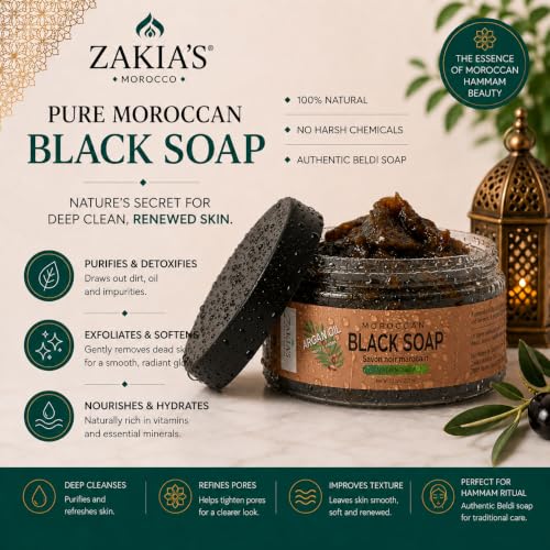 Moroccan Black Soap with Argan Oil - Unscented Body Exfoliating Scrub 16 Oz - Zakia's Morocco