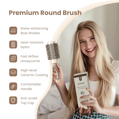 Round Hair Brush Set for Blow Drying and Styling - Boar Bristle & Ceramic Coated