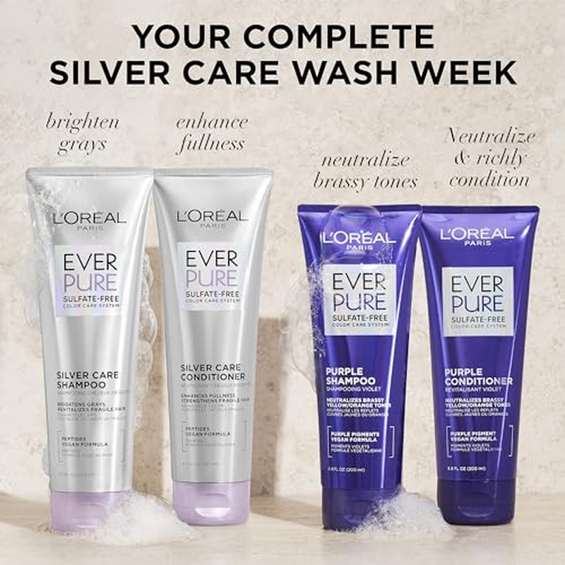 L'Oreal Paris EverPure Brightening and Nourishing Shampoo for Gray Hair,Sulfate-Free Vegan Formula with Peptides,8.5 Fl Oz,(Pack of 2)